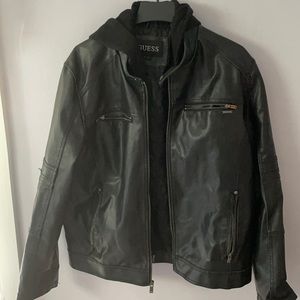 Guess men’s large jacket. Faux leather with hood